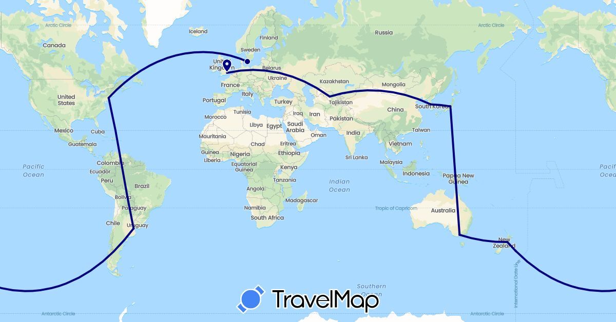 TravelMap itinerary: driving in Argentina, Australia, Denmark, United Kingdom, Japan, South Korea, New Zealand, United States, Uzbekistan (Asia, Europe, North America, Oceania, South America)